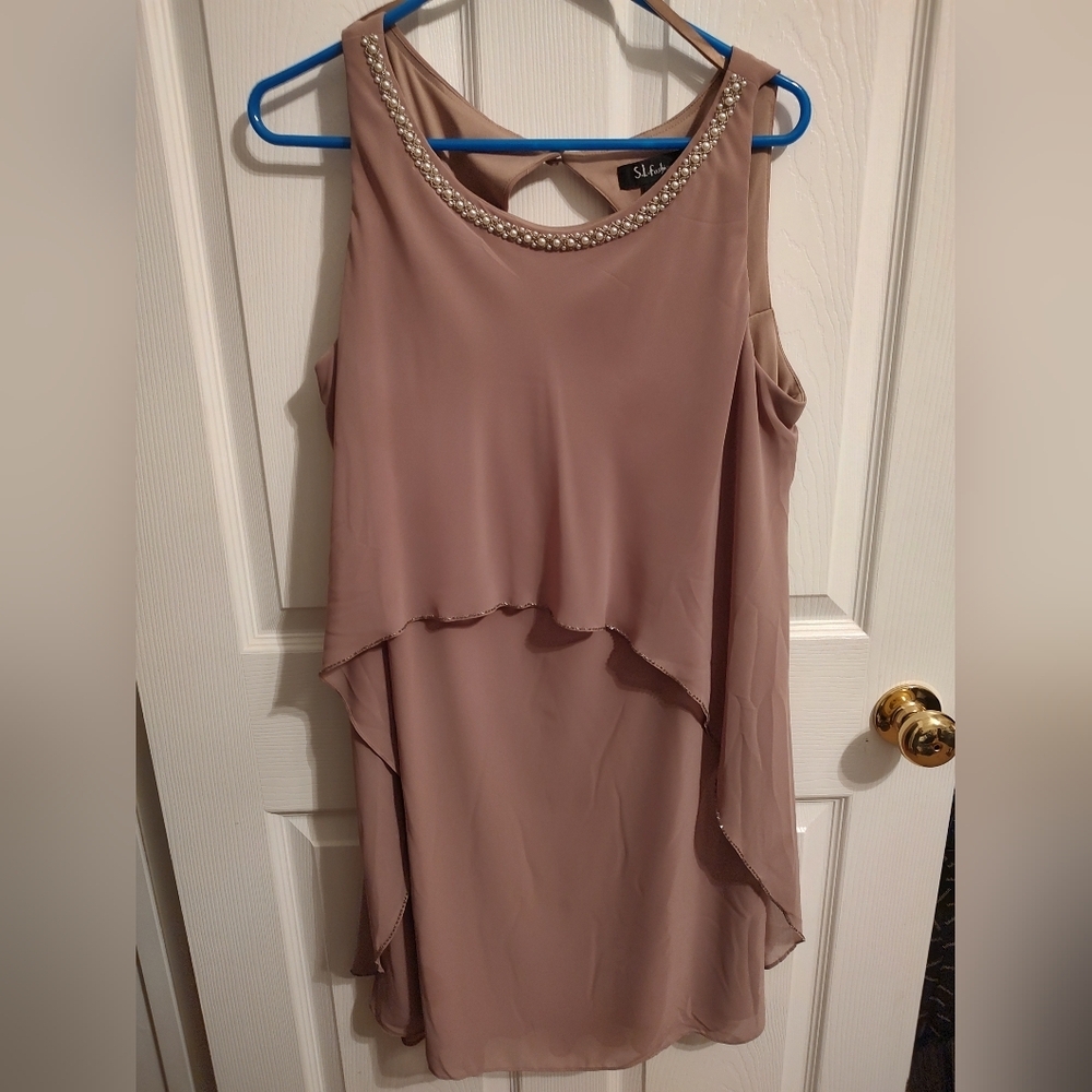 Elegant Taupe Sleeveless Dress with Pearl Detailing
